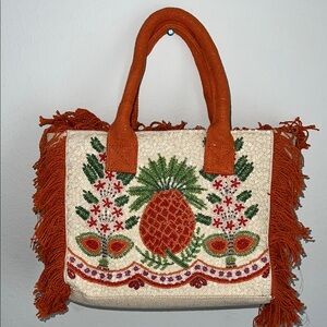 NWT Beaded 🌴🍍 Orange and Cream Tropical Tote Bag with Fringe